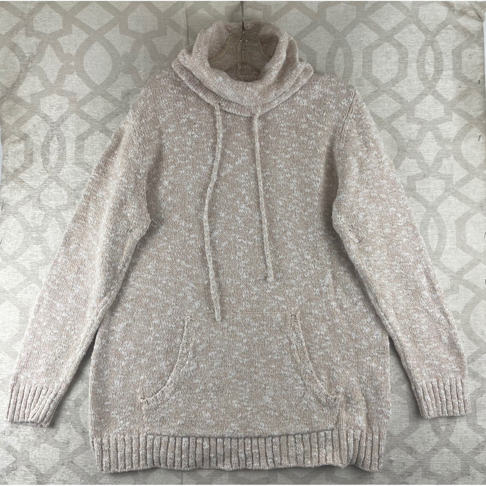 L.L. Bean Cotton Funnel Neck Women L Beige Marled Knit Sweater 505003